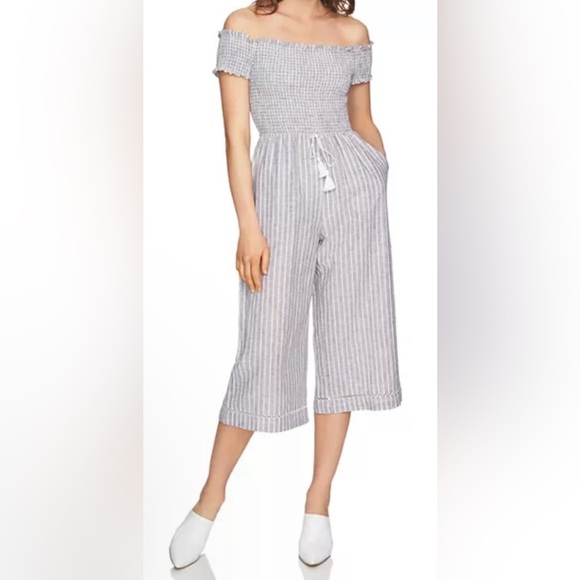 1 State Striped Smocked Off-The-Shoulder Jumpsuit - Size M - Picture 2 of 16
